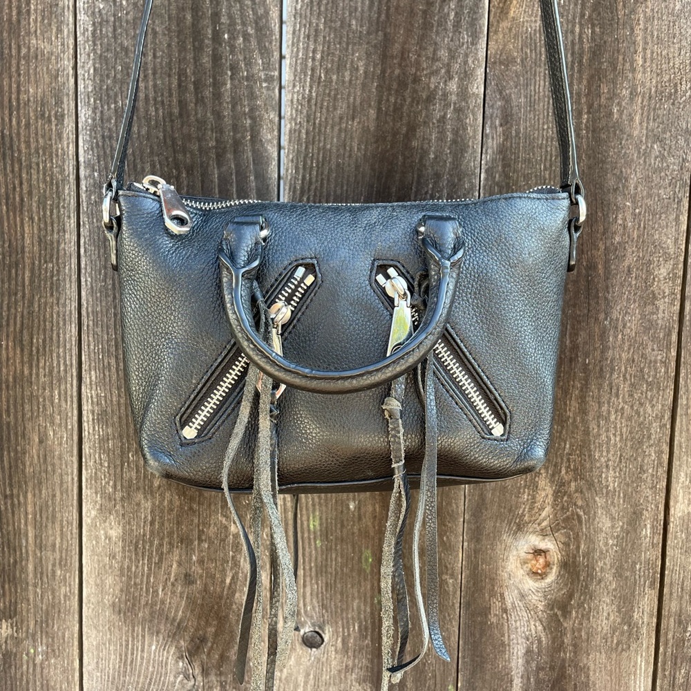 Rebecca Minkoff Designer Black Leather Zipper and Fringe Crossbody Bag Purse